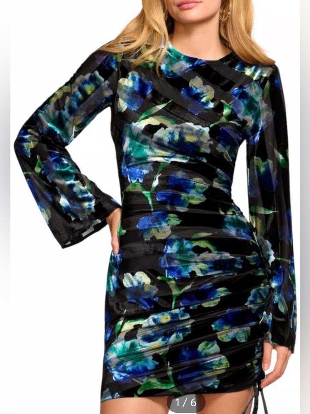 Ramy Brook Dexter Velvet Long Sleeve Mini Dress in Lapis Floral size 12